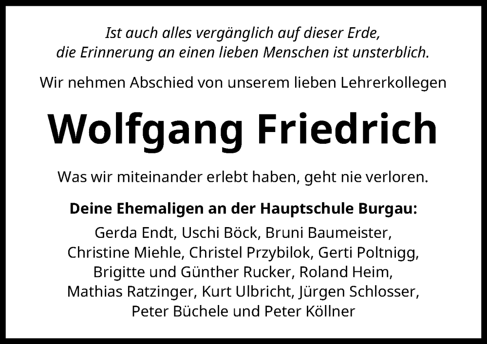  Traueranzeige für Wolfgang Friedrich vom 14.01.2026 aus Günzburger Zeitung