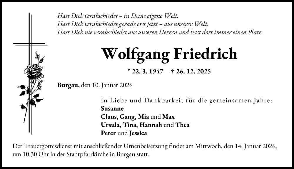 Traueranzeige von Wolfgang Friedrich von Günzburger Zeitung