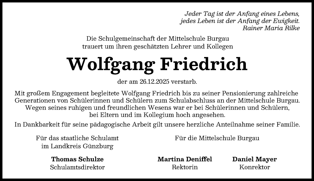 Traueranzeige von Wolfgang Friedrich von Günzburger Zeitung