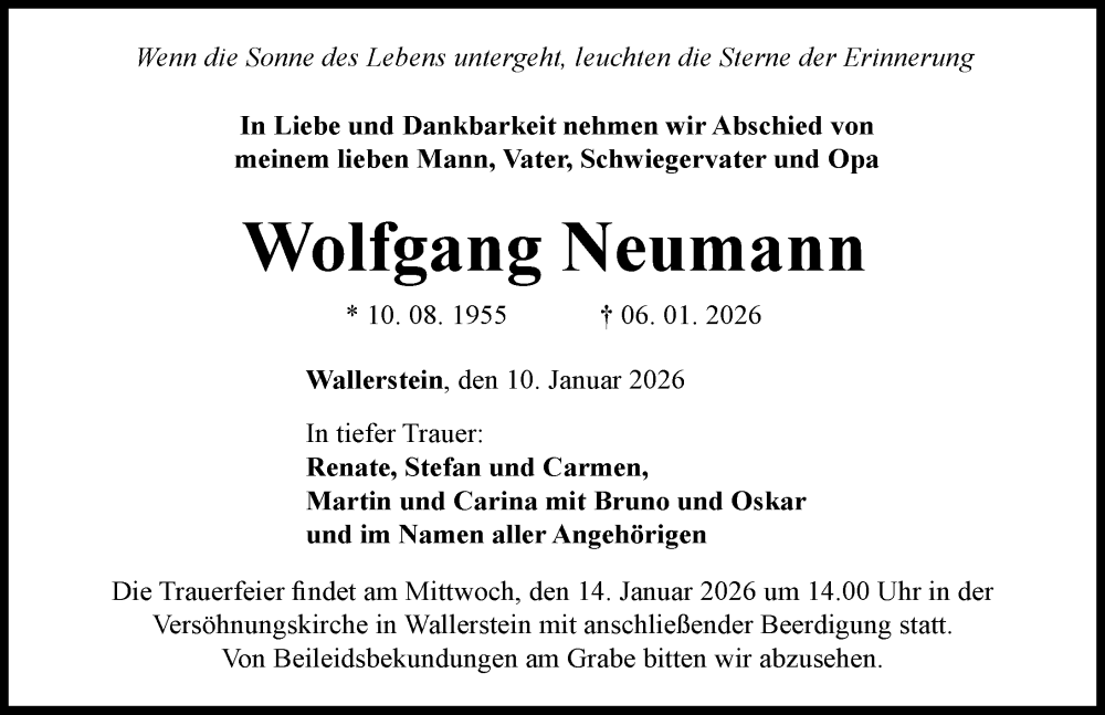  Traueranzeige für Wolfgang Neumann vom 10.01.2026 aus Rieser Nachrichten