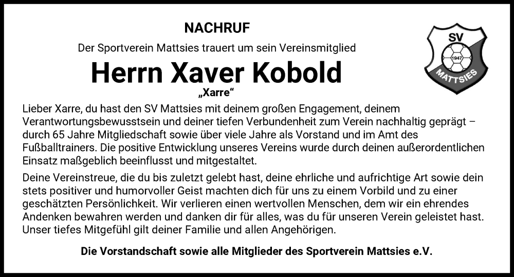  Traueranzeige für Xaver Kobold vom 14.01.2026 aus Mindelheimer Zeitung