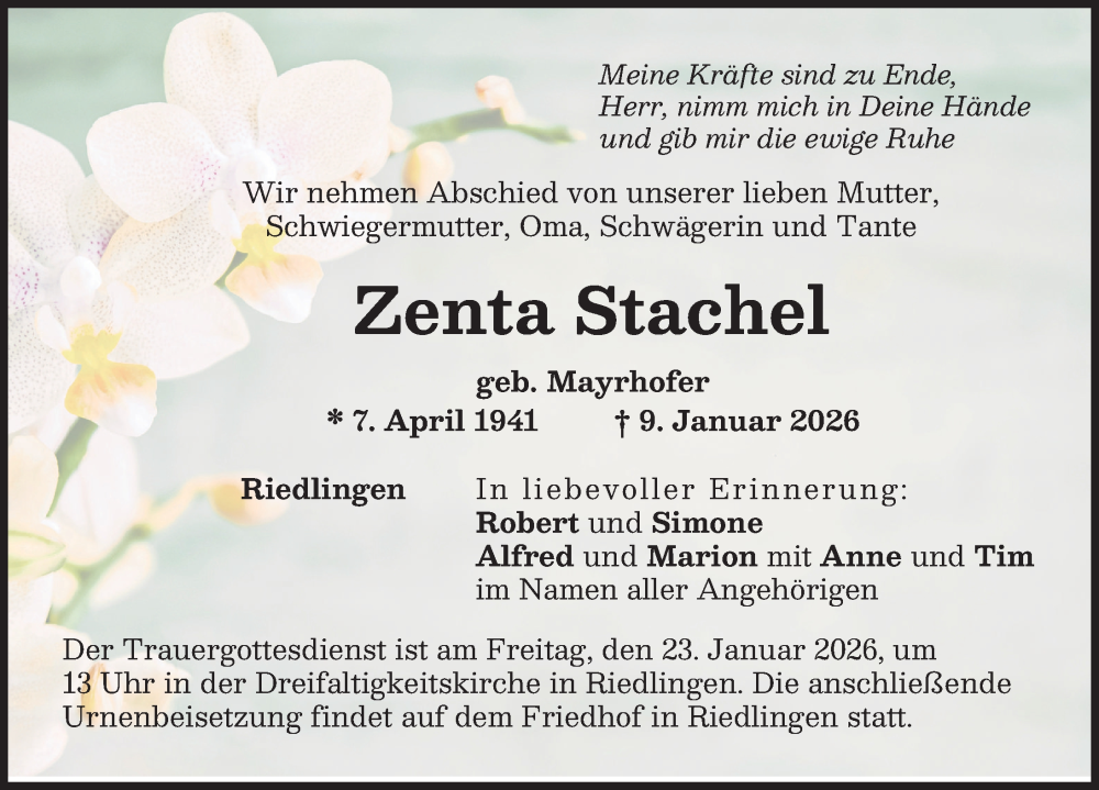 Traueranzeige für Zenta Stachel vom 20.01.2026 aus Donauwörther Zeitung