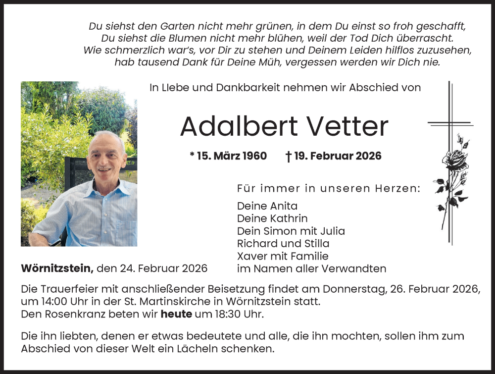  Traueranzeige für Adalbert Vetter vom 24.02.2026 aus Donauwörther Zeitung