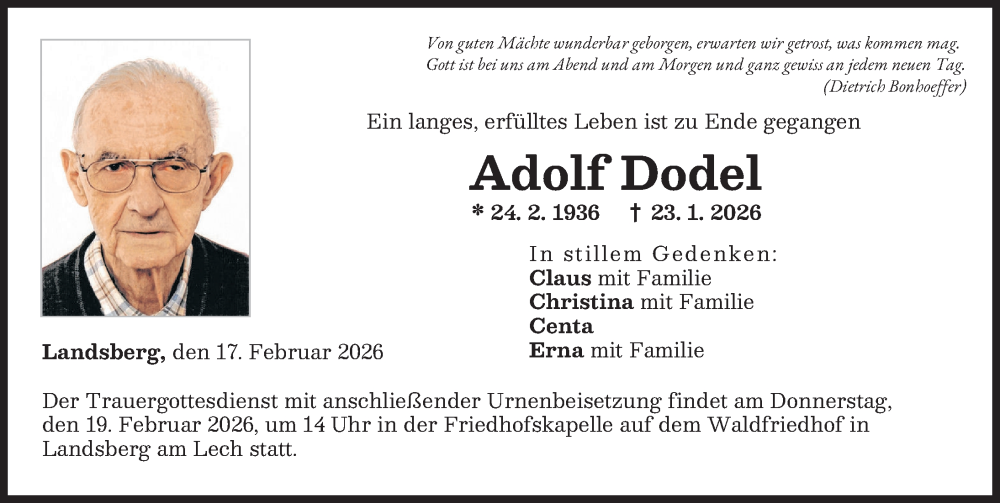  Traueranzeige für Adolf Dodel vom 17.02.2026 aus Landsberger Tagblatt