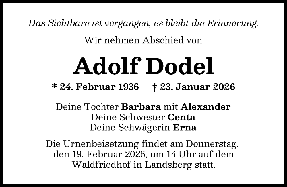  Traueranzeige für Adolf Dodel vom 17.02.2026 aus Landsberger Tagblatt