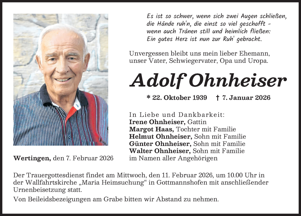  Traueranzeige für Adolf Ohnheiser vom 07.02.2026 aus Donau Zeitung, Wertinger Zeitung