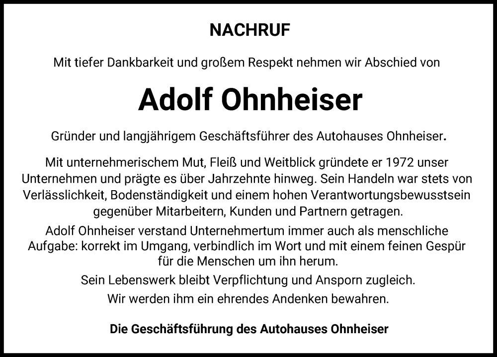  Traueranzeige für Adolf Ohnheiser vom 07.02.2026 aus Augsburg-Land, Wertinger Zeitung, Donau Zeitung