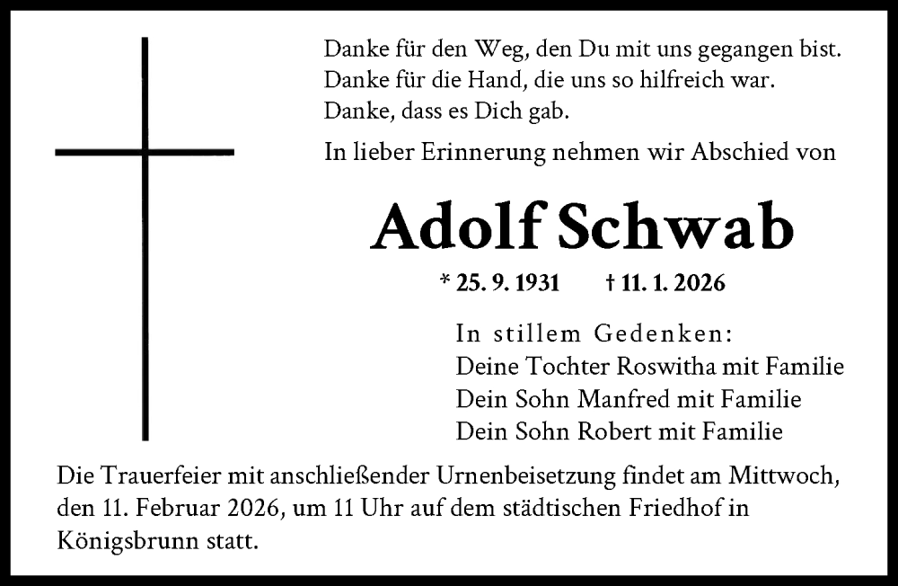  Traueranzeige für Adolf Schwab vom 07.02.2026 aus Augsburger Allgemeine