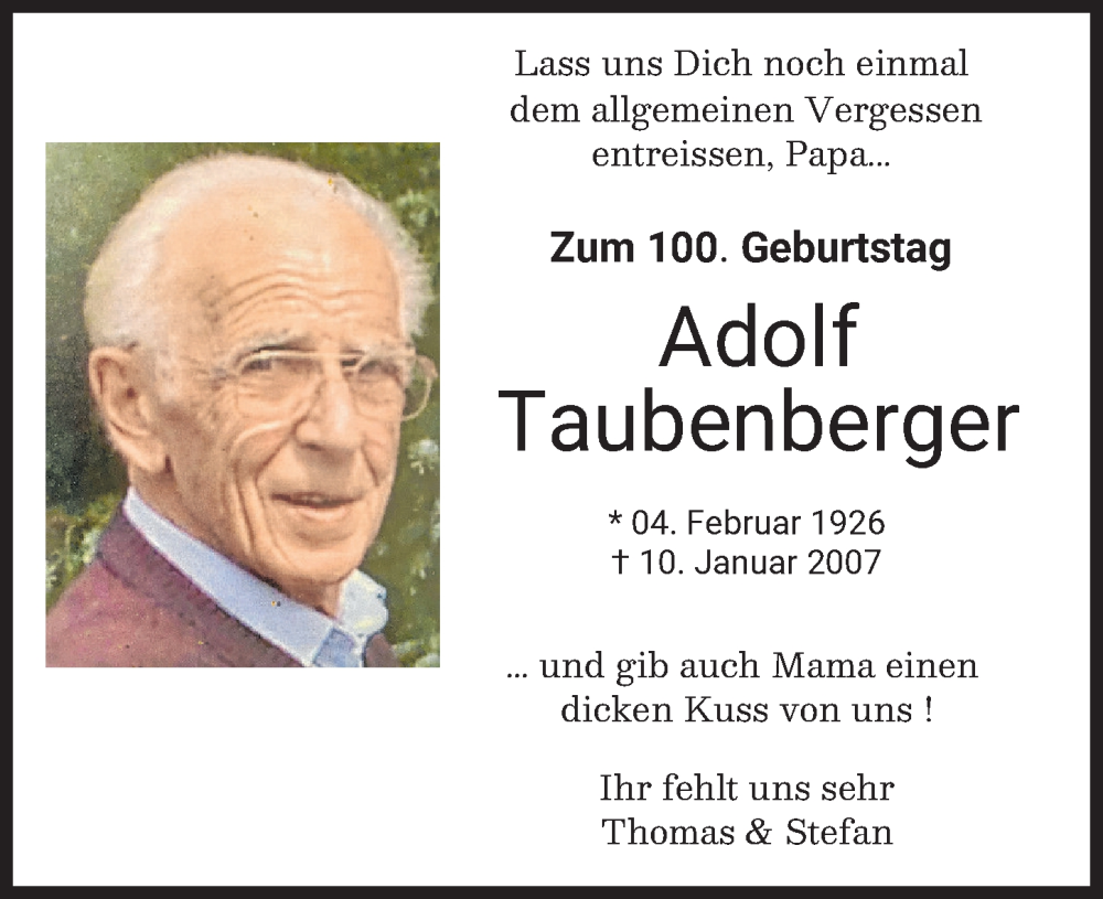  Traueranzeige für Adolf Taubenberger vom 14.02.2026 aus Augsburger Allgemeine