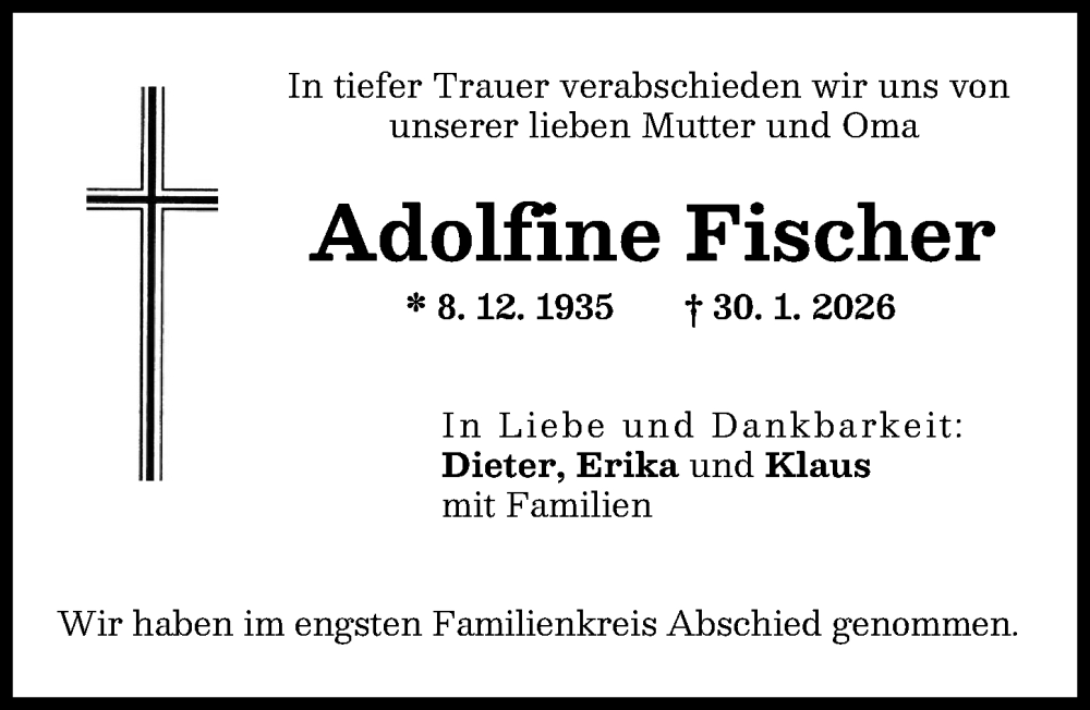  Traueranzeige für Adolfine Fischer vom 13.02.2026 aus Landsberger Tagblatt