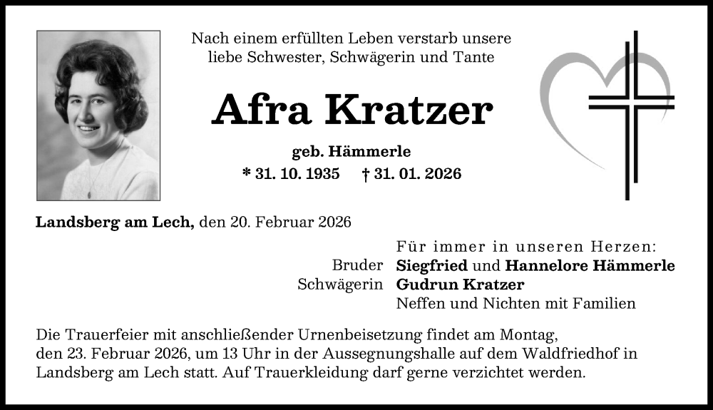  Traueranzeige für Afra Kratzer vom 20.02.2026 aus Landsberger Tagblatt