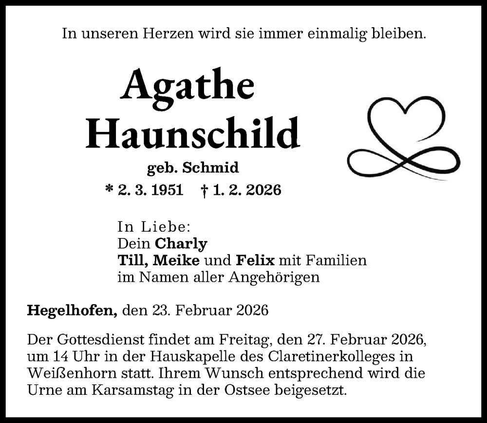 Traueranzeige für Agathe Haunschild vom 23.02.2026 aus Neu-Ulmer Zeitung