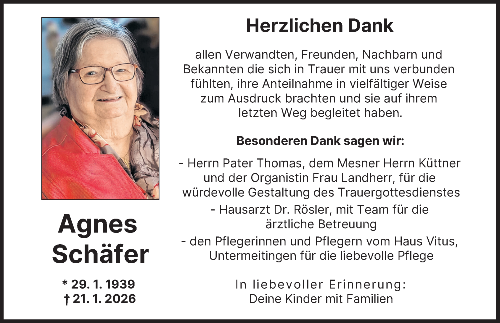  Traueranzeige für Agnes Schäfer vom 14.02.2026 aus Schwabmünchner Allgemeine