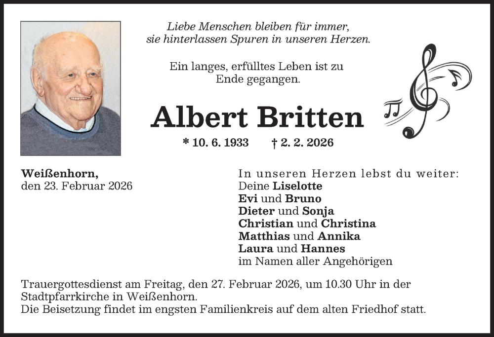  Traueranzeige für Albert Britten vom 23.02.2026 aus Neu-Ulmer Zeitung