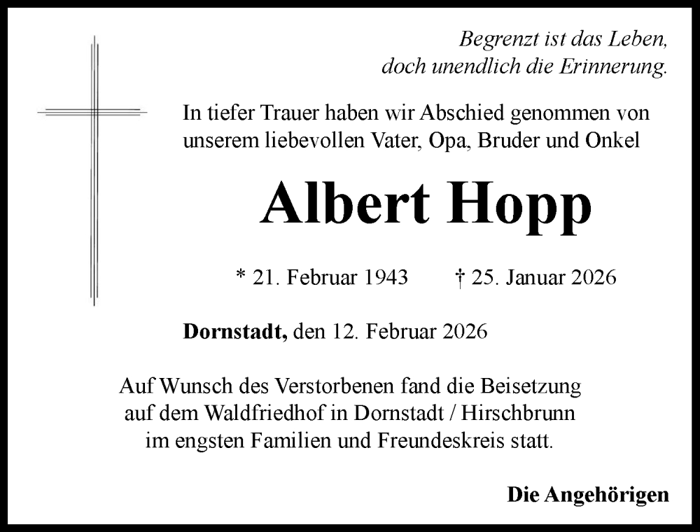  Traueranzeige für Albert Hopp vom 12.02.2026 aus Rieser Nachrichten