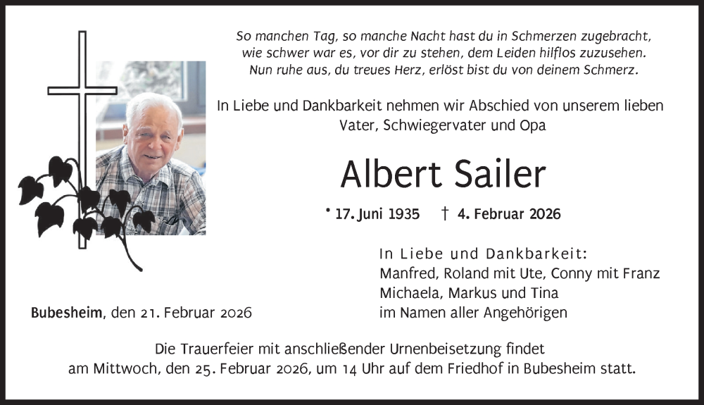  Traueranzeige für Albert Sailer vom 21.02.2026 aus Günzburger Zeitung