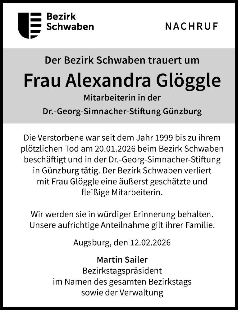  Traueranzeige für Alexandra Glöggle vom 12.02.2026 aus Günzburger Zeitung