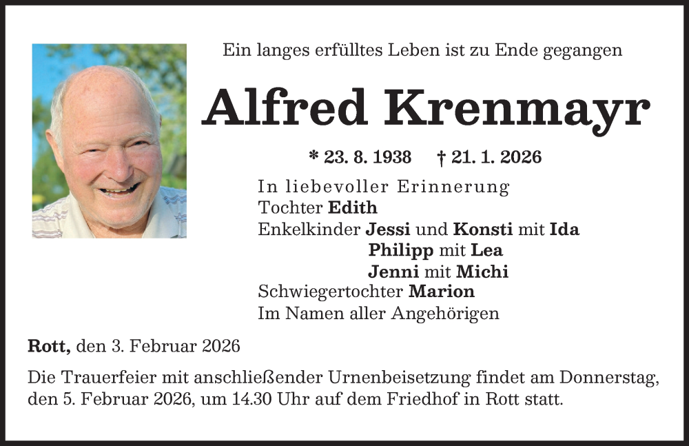  Traueranzeige für Alfred Krenmayr vom 03.02.2026 aus Landsberger Tagblatt
