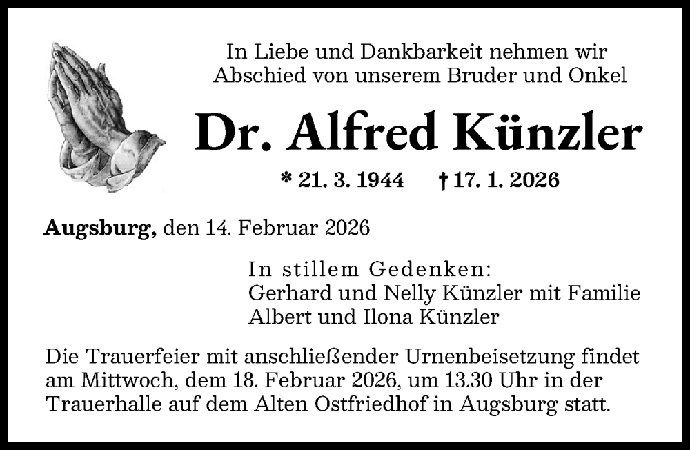  Traueranzeige für Alfred Künzler vom 14.02.2026 aus Augsburger Allgemeine