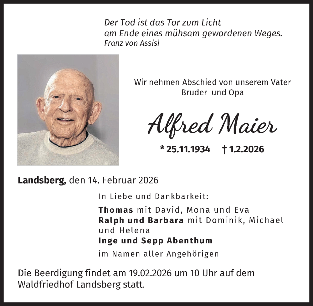  Traueranzeige für Alfred Maier vom 14.02.2026 aus Landsberger Tagblatt
