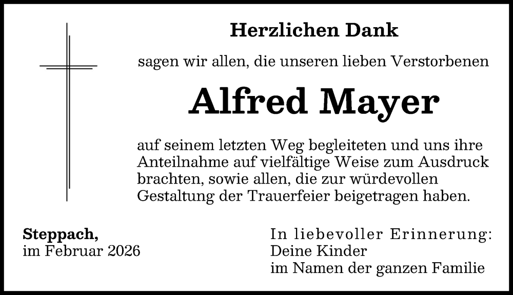  Traueranzeige für Alfred Mayer vom 07.02.2026 aus Augsburger Allgemeine