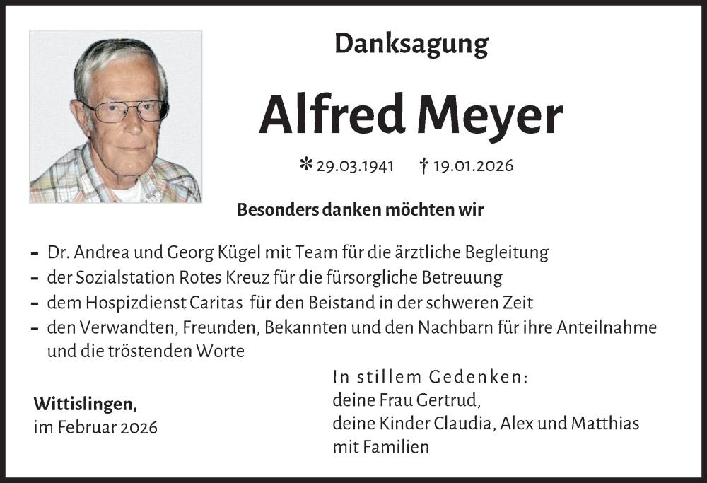  Traueranzeige für Alfred Meyer vom 21.02.2026 aus Donau Zeitung