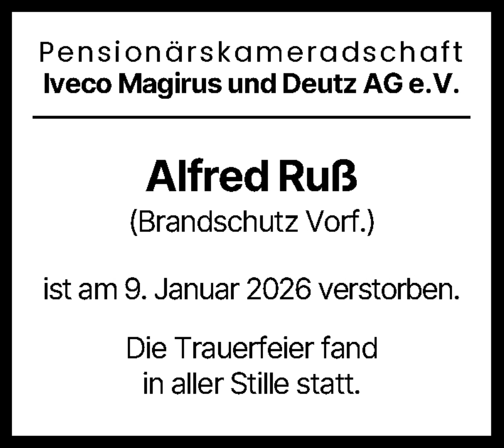  Traueranzeige für Alfred Ruß vom 19.02.2026 aus Günzburger Zeitung, Neu-Ulmer Zeitung, Illertisser Zeitung