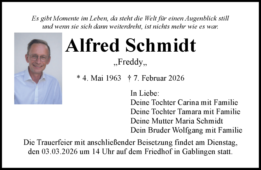 Traueranzeige von Alfred Schmidt von Augsburger Allgemeine