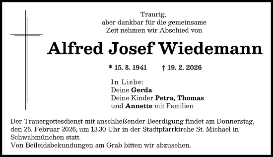 Traueranzeige von Alfred Josef Wiedemann von Schwabmünchner Allgemeine