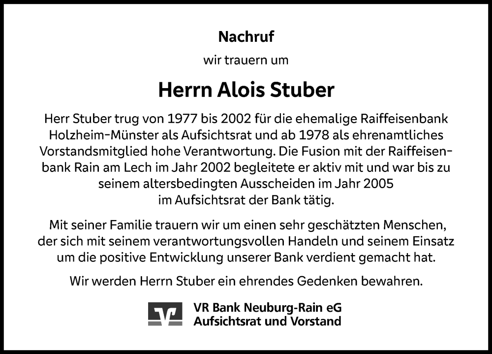  Traueranzeige für Alois Stuber vom 27.02.2026 aus Donauwörther Zeitung