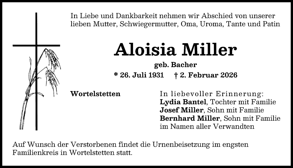  Traueranzeige für Aloisia Miller vom 16.02.2026 aus Wertinger Zeitung