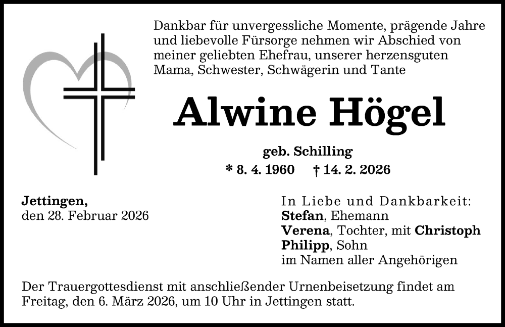  Traueranzeige für Alwine Högel vom 28.02.2026 aus Günzburger Zeitung