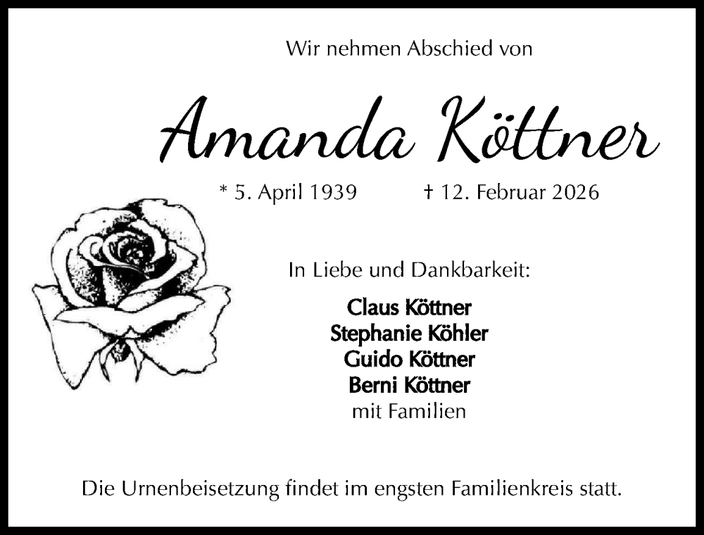 Traueranzeige für Amanda Köttner vom 21.02.2026 aus Landsberger Tagblatt