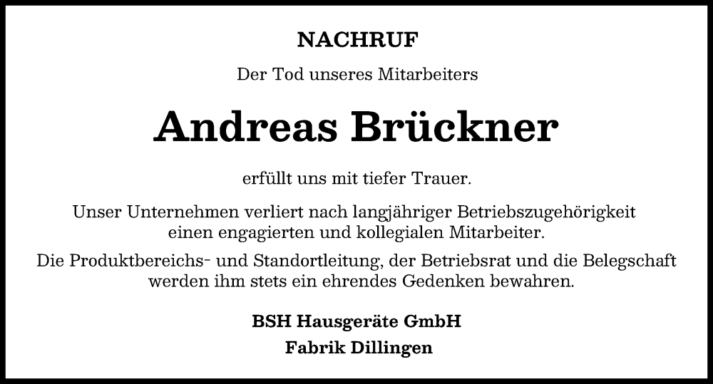  Traueranzeige für Andreas Brückner vom 05.02.2026 aus Donau Zeitung