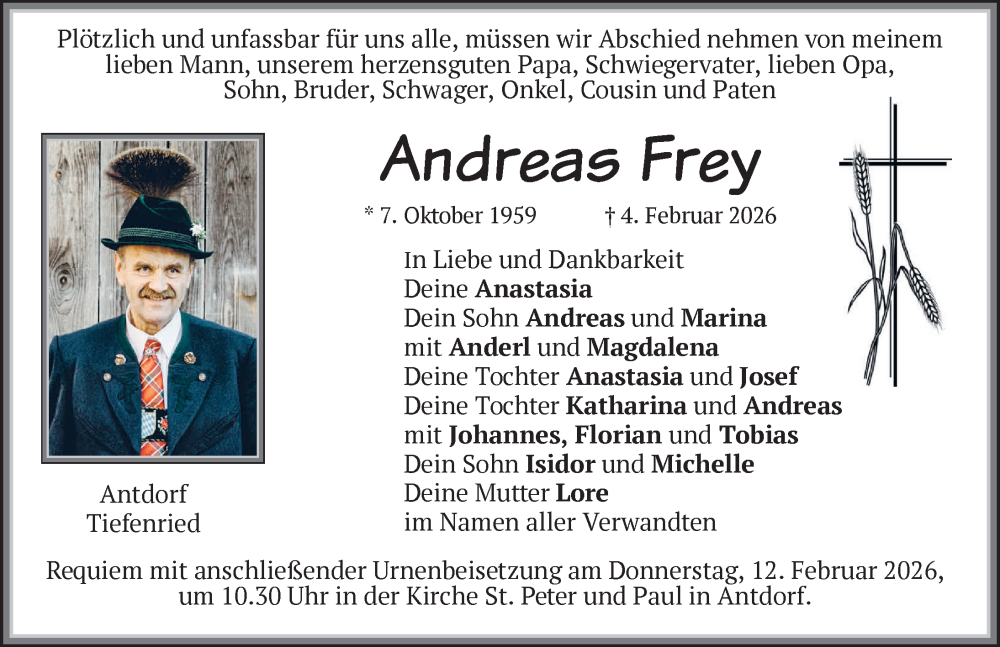  Traueranzeige für Andreas Frey vom 09.02.2026 aus Mindelheimer Zeitung