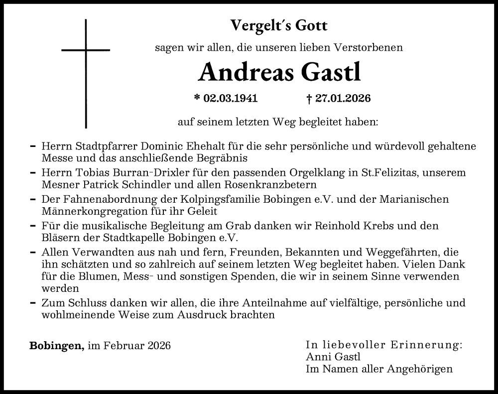 Traueranzeige von Andreas Gastl von Schwabmünchner Allgemeine