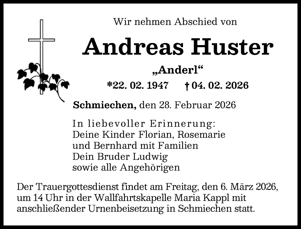  Traueranzeige für Andreas Huster vom 28.02.2026 aus Friedberger Allgemeine