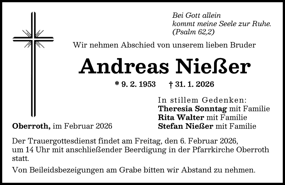  Traueranzeige für Andreas Nießer vom 04.02.2026 aus Illertisser Zeitung