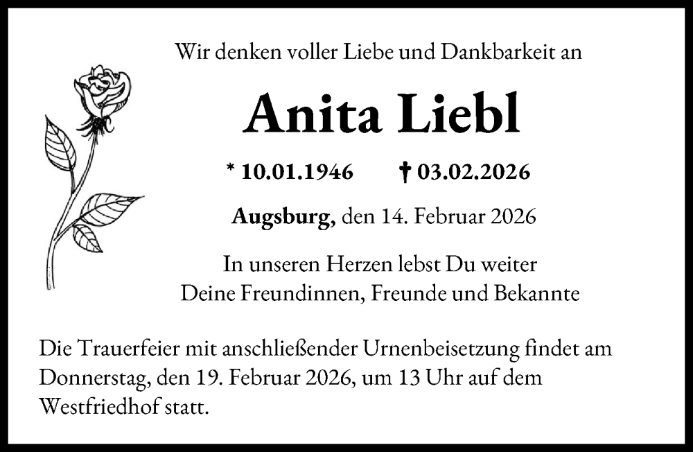  Traueranzeige für Anita Liebl vom 14.02.2026 aus Augsburger Allgemeine