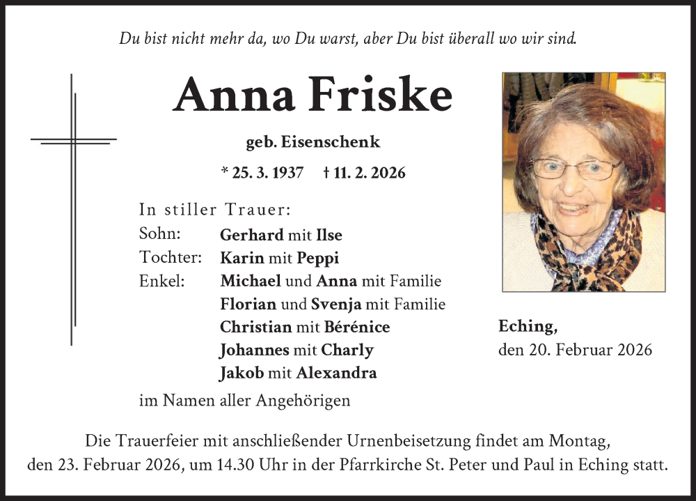  Traueranzeige für Anna Friske vom 20.02.2026 aus Landsberger Tagblatt