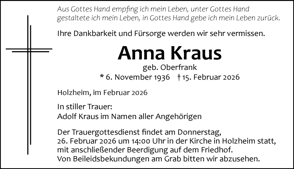 Traueranzeige für Anna Kraus vom 21.02.2026 aus Augsburger Allgemeine, Neu-Ulmer Zeitung