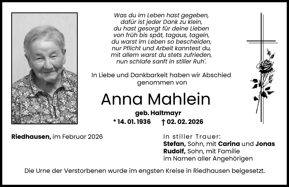 Traueranzeige von Anna Mahlein von Günzburger Zeitung