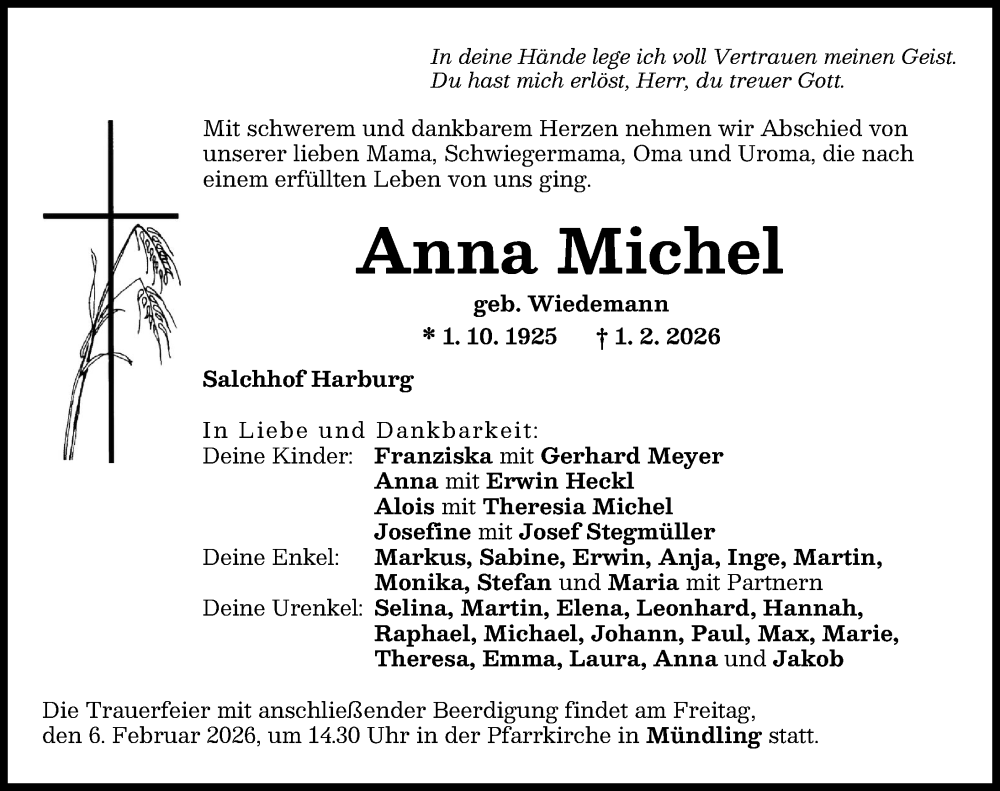  Traueranzeige für Anna Michel vom 04.02.2026 aus Donauwörther Zeitung