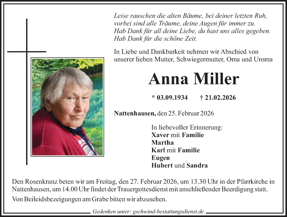  Traueranzeige für Anna Miller vom 25.02.2026 aus Mittelschwäbische Nachrichten