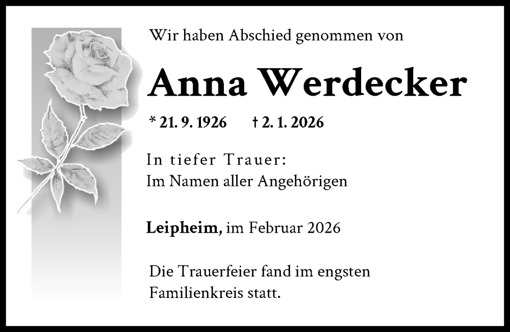  Traueranzeige für Anna Werdecker vom 14.02.2026 aus Günzburger Zeitung