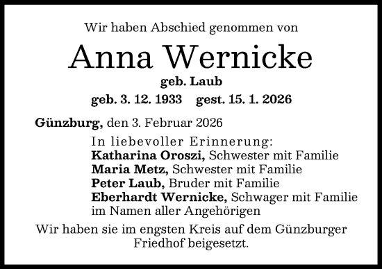 Traueranzeige von Anna Wernicke von Günzburger Zeitung