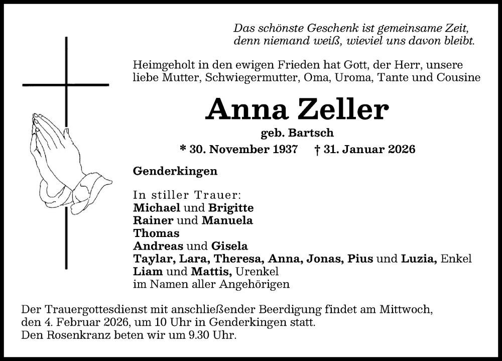  Traueranzeige für Anna Zeller vom 03.02.2026 aus Donauwörther Zeitung