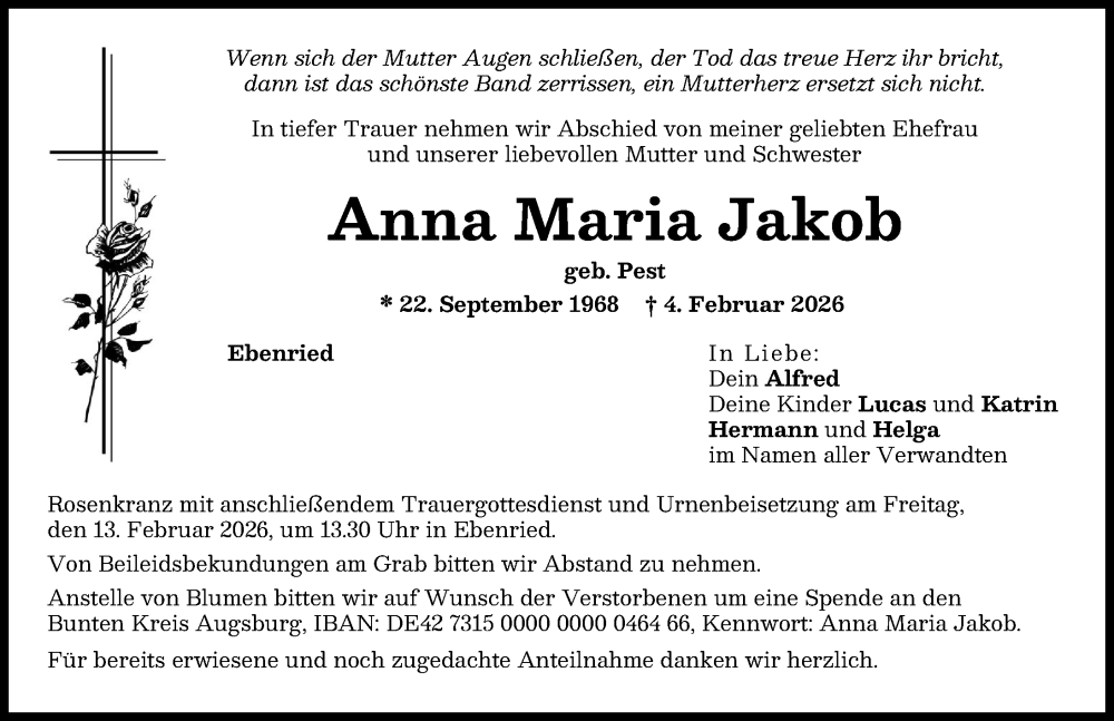  Traueranzeige für Anna Maria Jakob vom 11.02.2026 aus Aichacher Nachrichten