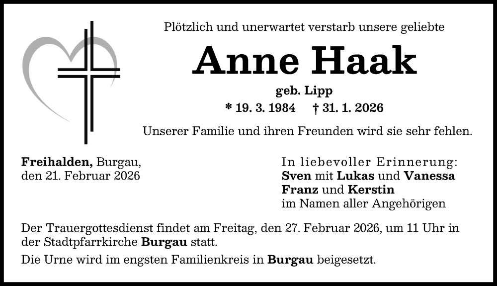  Traueranzeige für Anne Haak vom 21.02.2026 aus Günzburger Zeitung