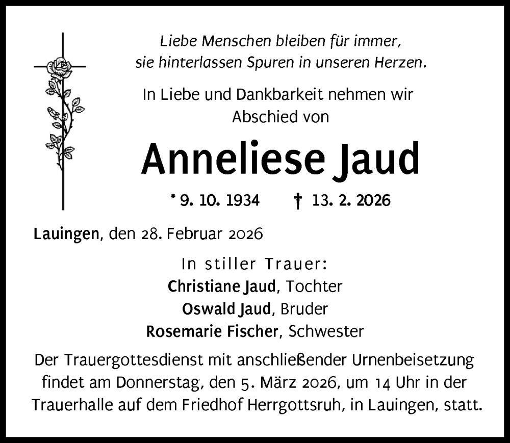  Traueranzeige für Anneliese Jaud vom 28.02.2026 aus Donau Zeitung